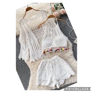 NW 3 pieces knitted embroidered Set, cardigan, bra & shorts beach Set,Vacations
